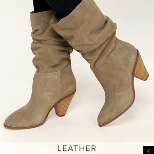 Tan Heeled Boots with Cone Heel and Ruched Shaft
